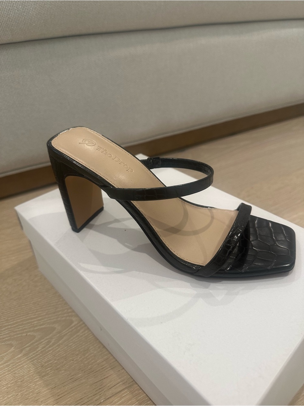 Black Croc-Embossed Double-Strap Block Heel Mule